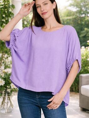 Zenana Relaxed Lavender Ruched-Sleeve Women's Top NIB